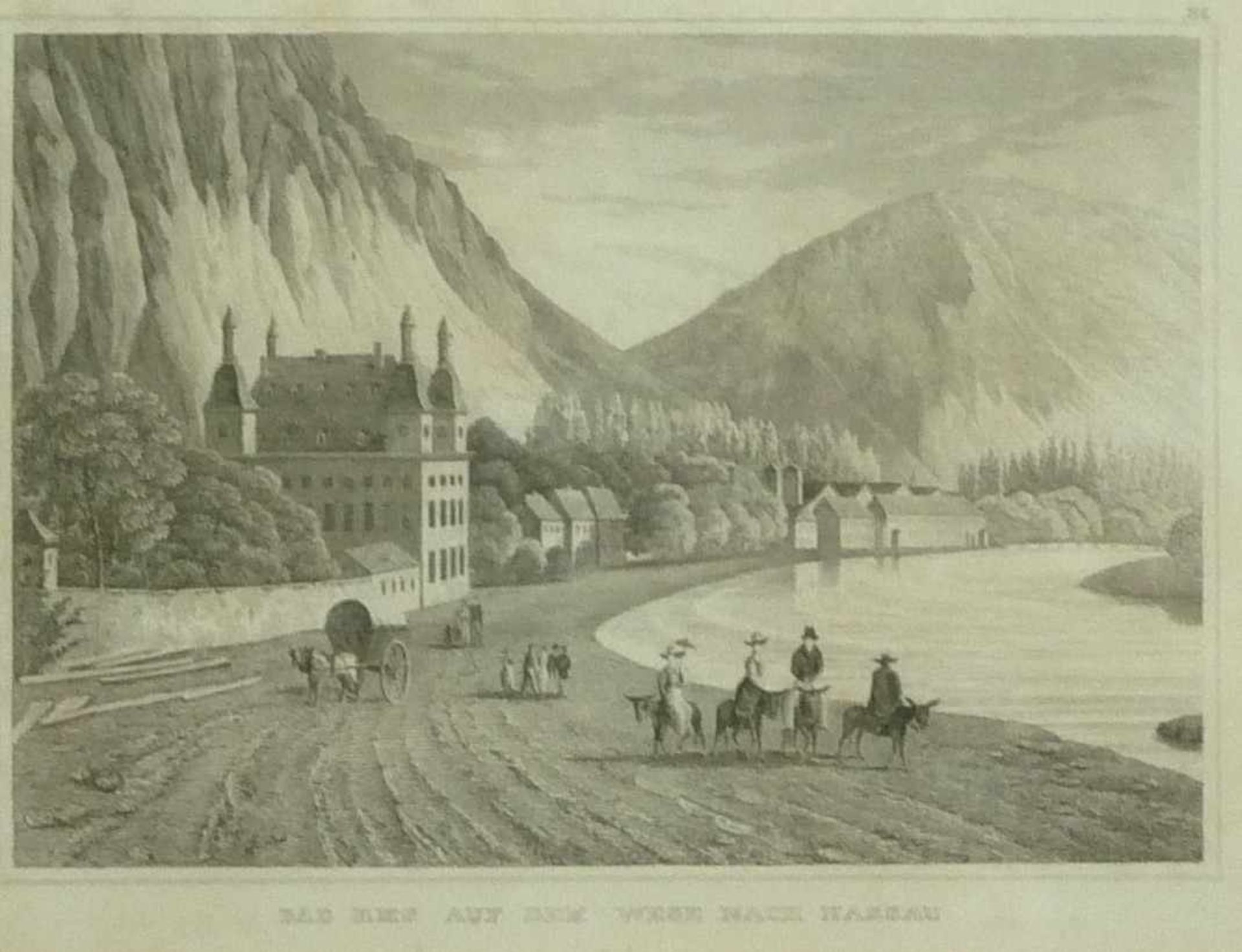 ''Bad Ems auf dem Weg nach Nassau''Germany, 19th c.View with travellers at the river. Steel