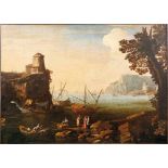 Coastal landscape with boats and figuresRoman school of the 17th centuryBustling activity on the