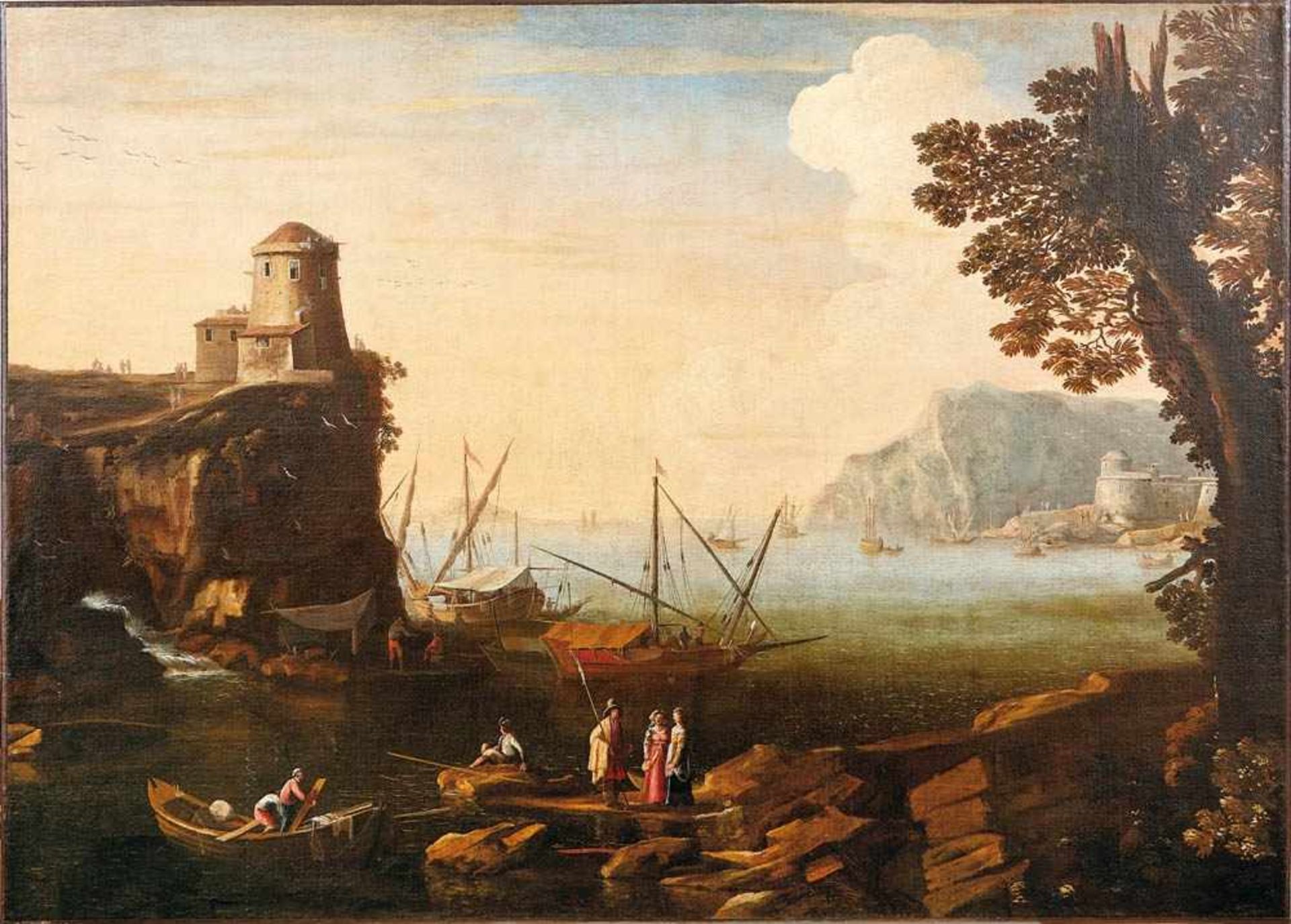 Coastal landscape with boats and figuresRoman school of the 17th centuryBustling activity on the