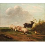 Verboeckhoven, EugèneGrazing sheep, goats and chickens(Warneton 1799-1881 Brussels) Oil/wood.