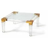 Glass side tableItaly, 2nd half 20th c.On massive, conical square legs, the corners of the plate