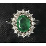 Emerald diamond ringSecond half 20th C.Oval emerald approx. 1,20 carats and 16 diamonds totally