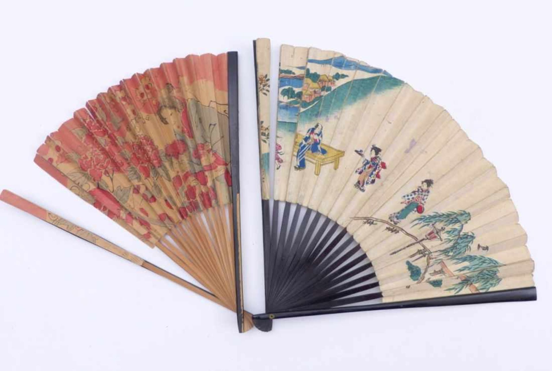 Two folding compartmentsJapan,Both fan leaves polychrome painted with figures in landscapes;