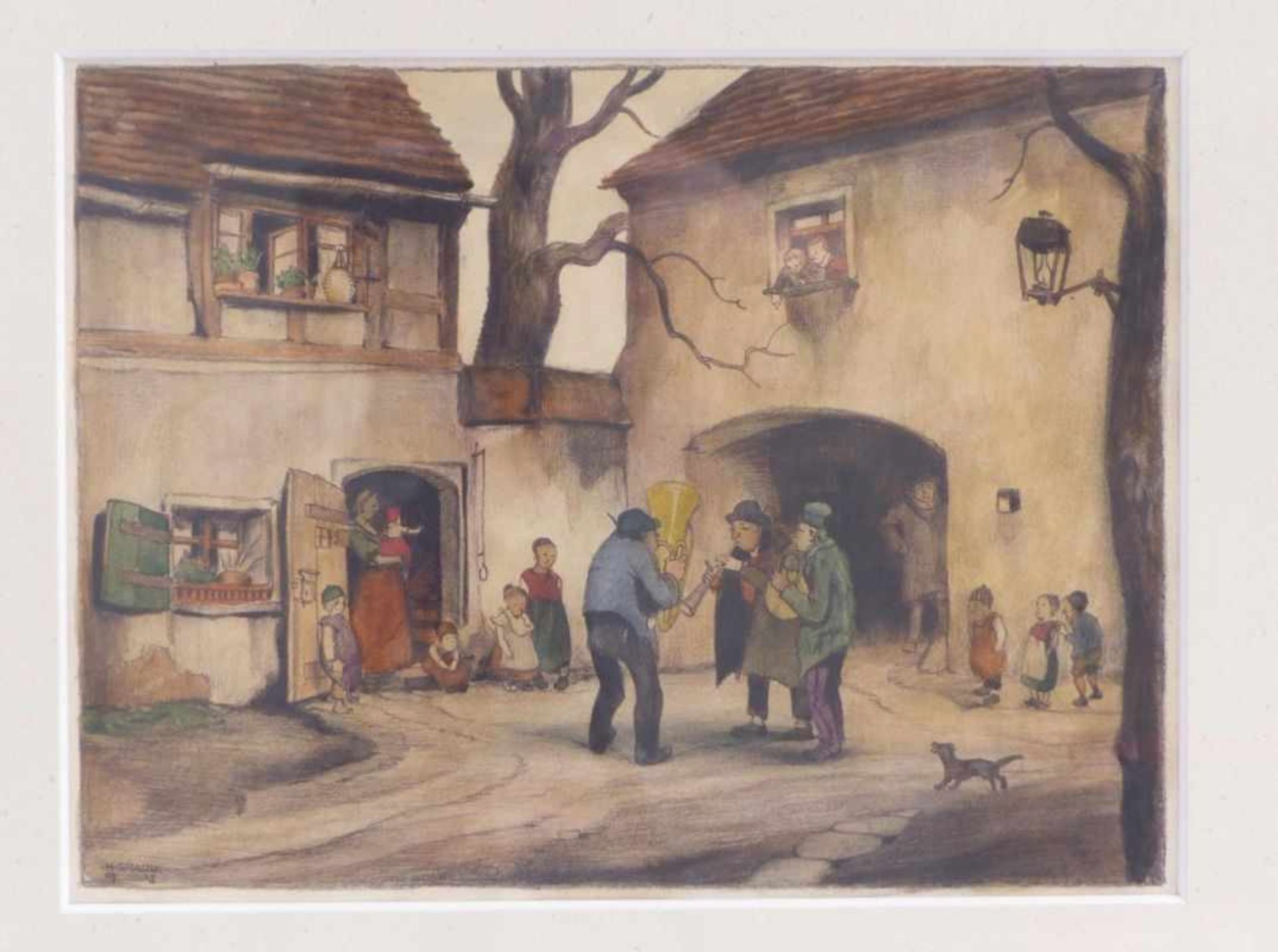 Gradl, HermannSerenade in the courtyard(Marktheidenfeld 1883-1964 Nuremberg) Colour lithograph. - Bild 3 aus 3