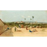 Resting Bedouins at an oasisOriental painter of the 19th c.Oil/wood. Signed lower left. ''