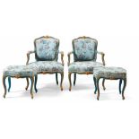 Two baroque armchairs with tabouretsMid 18th c.On delicate profiled legs with carved leaves broad,