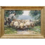 Zügel, Johann HEinrich vonSheep and their shepherd at the gate(Murrhardt 1850-1941 Munich) Oil/
