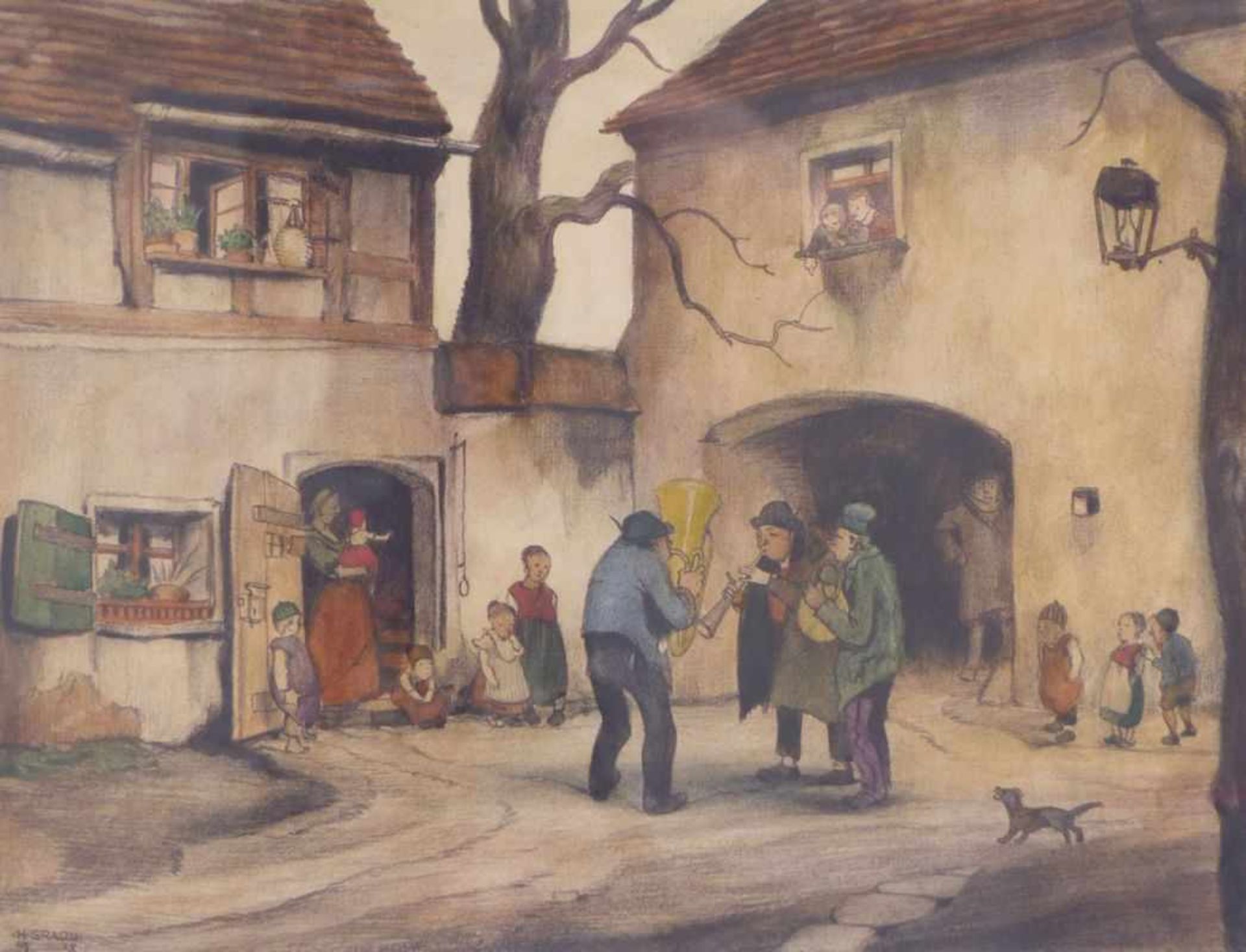 Gradl, HermannSerenade in the courtyard(Marktheidenfeld 1883-1964 Nuremberg) Colour lithograph.