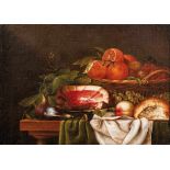 Still life with ham, bread and fruitFlemish master of the 17th centuryOil/Canvas. 41 x 55.5 cm.Old