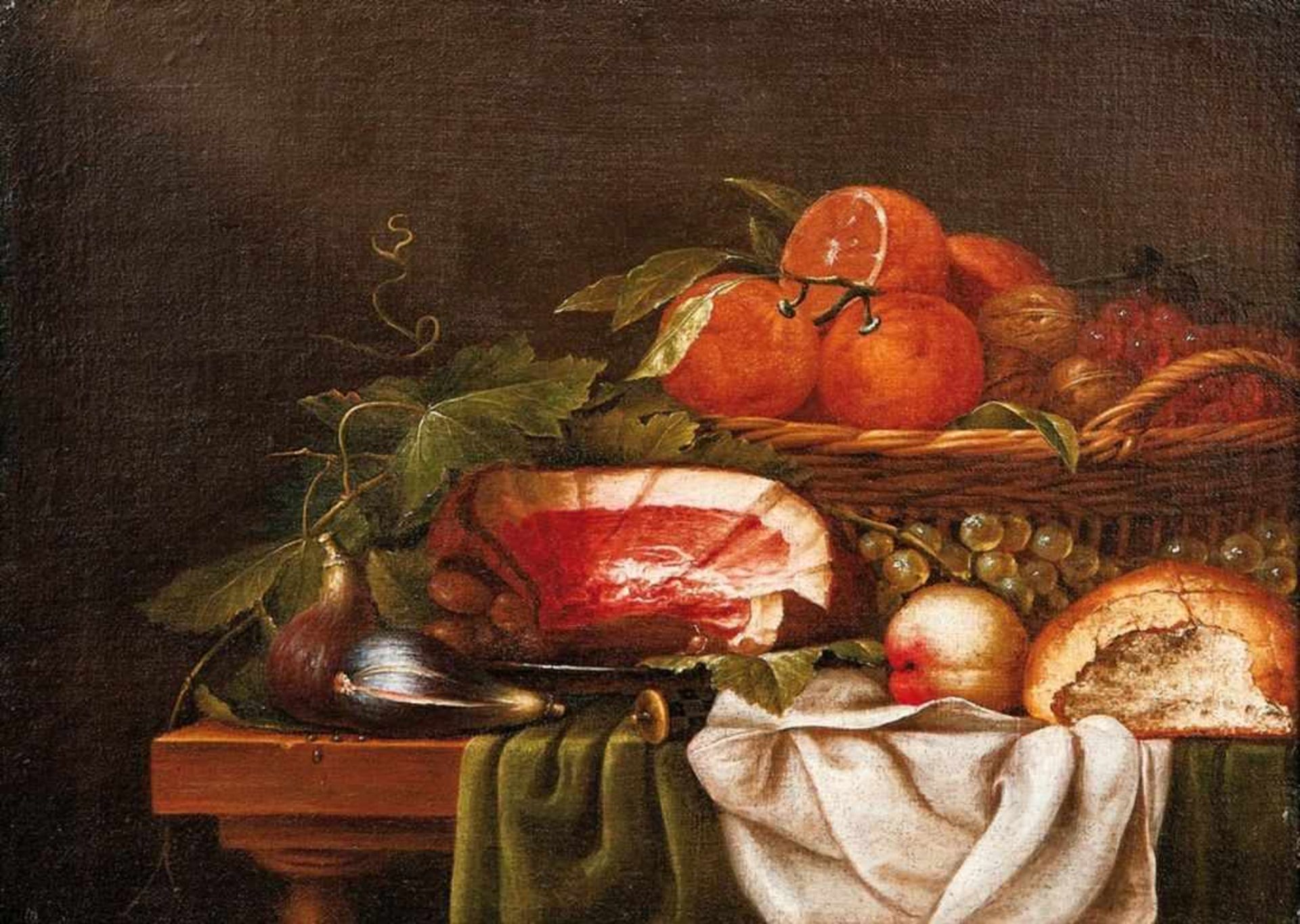 Still life with ham, bread and fruitFlemish master of the 17th centuryOil/Canvas. 41 x 55.5 cm.Old