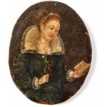 Miniature of a reading lady17th centuryOval detail of a lady in a black dress decorated with rose