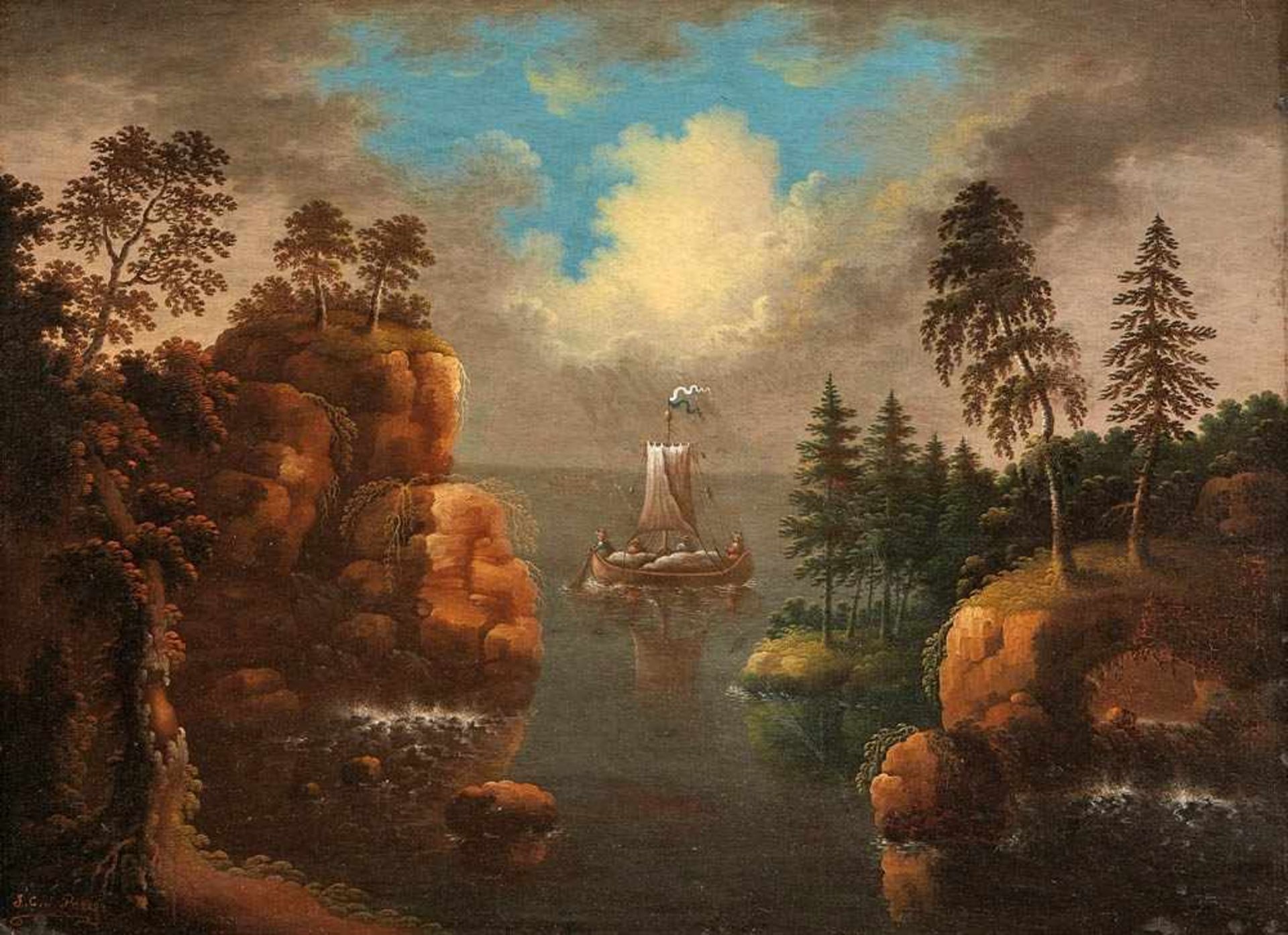 Bemmel, Johann Christoph vonPendants with boats in front of a rocky bay(Nuremberg 1717-1788 Bamberg) - Bild 2 aus 3