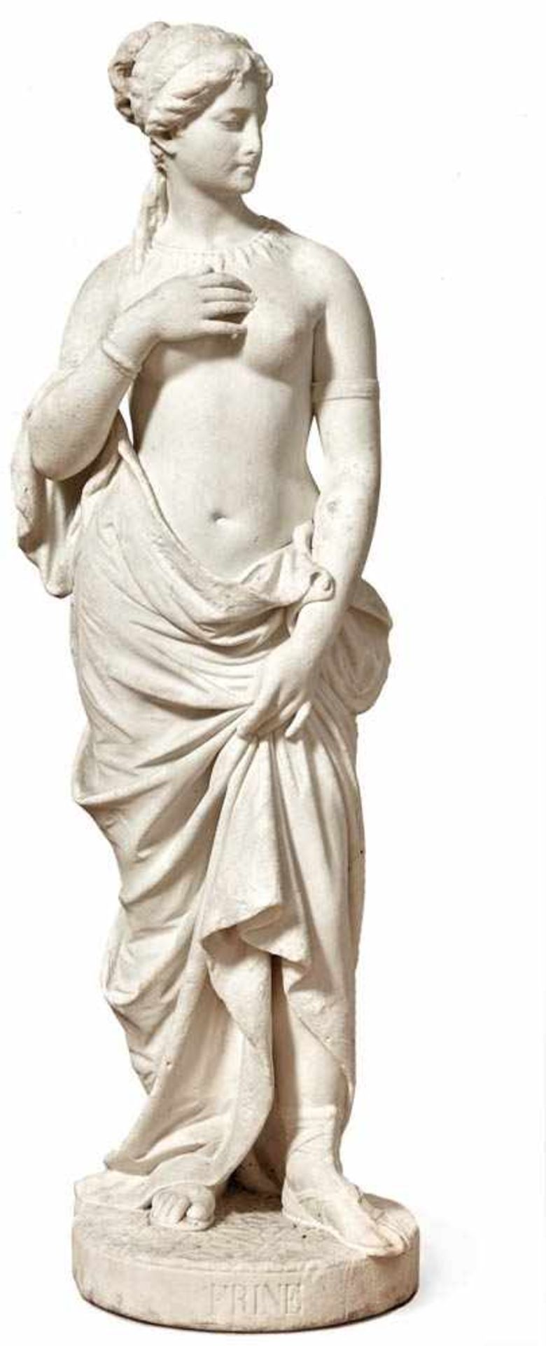 PhryneItaly, around 1700A female semi-nude standing on a round pedestal, wearing a draped scarf,
