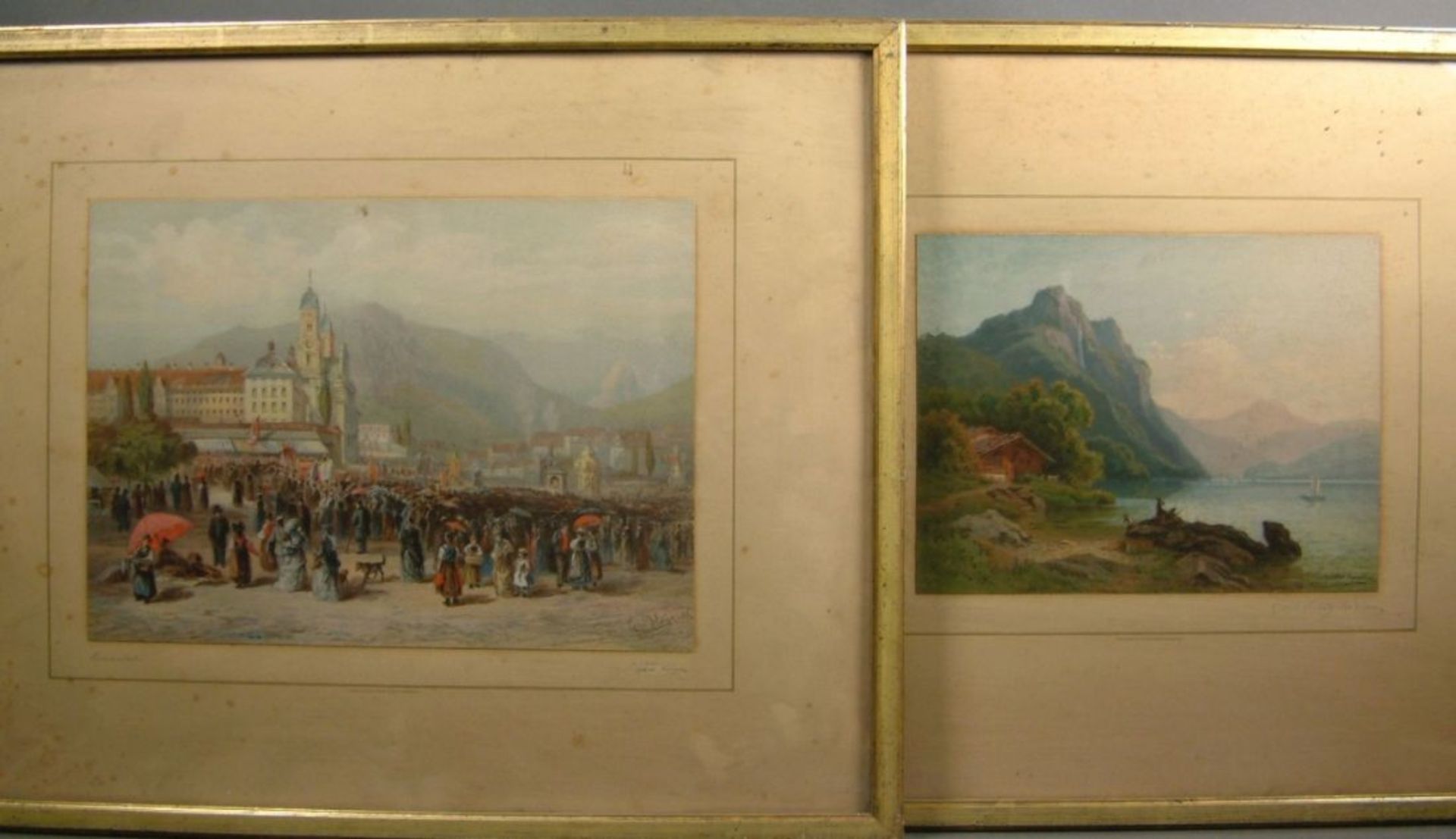 Two Swiss viewsEinsiedeln & WallenseeColour pictures laminated on cardboard panels, accentuated by a