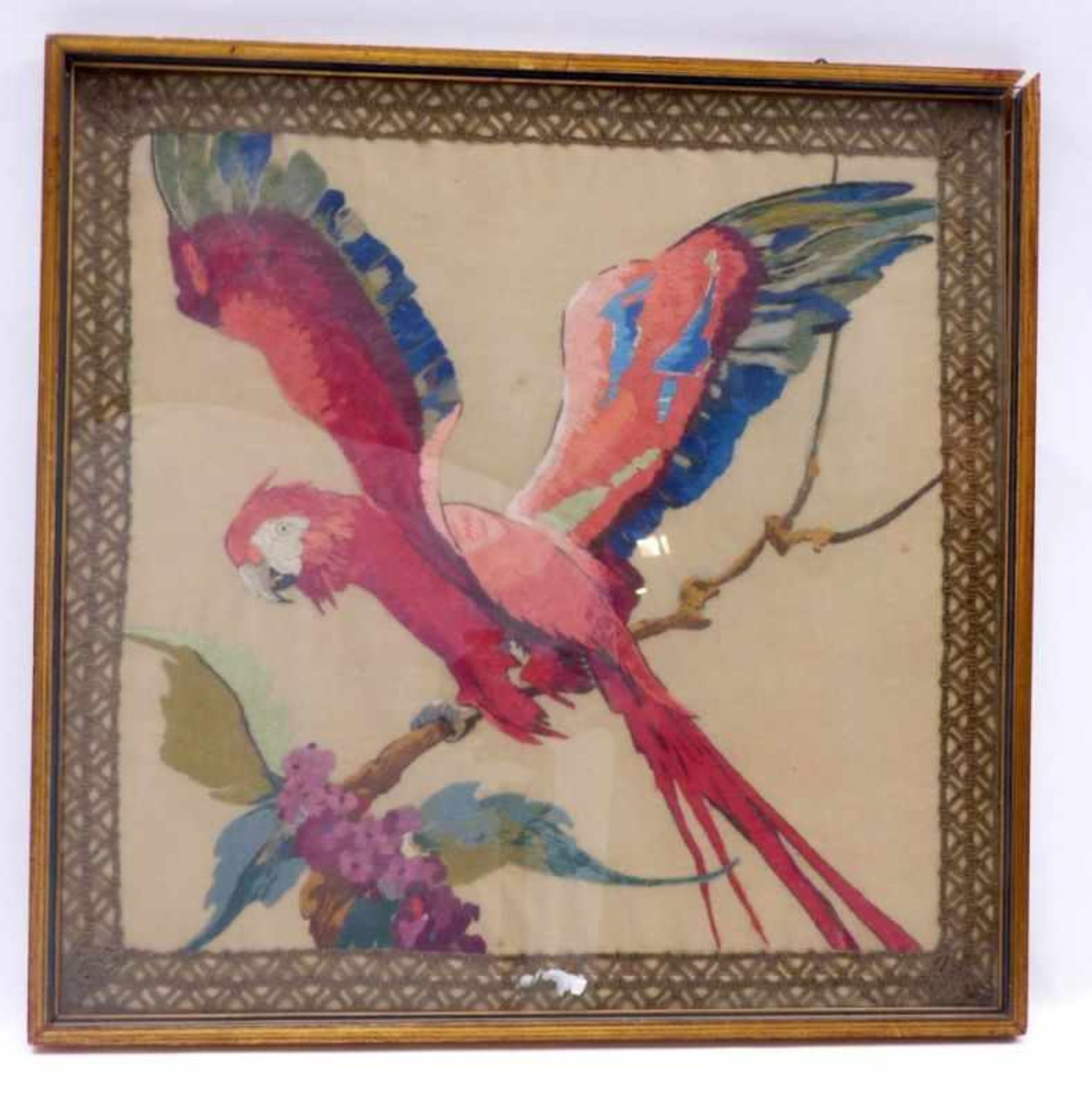 Embroidery with a parrot19th C.Colored embroidery with gold lace bordure. 45 x 45 cm; framed under - Bild 2 aus 2