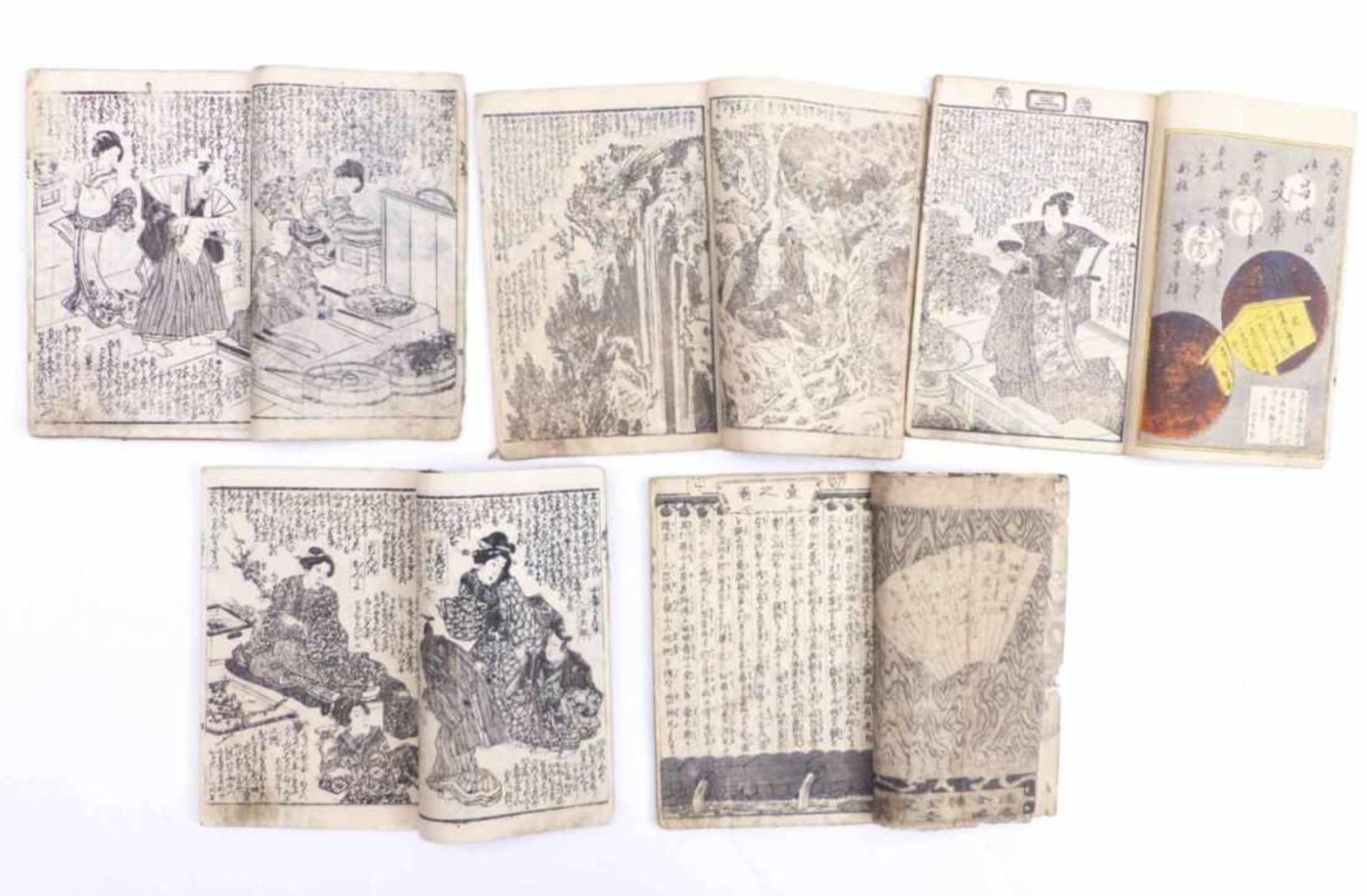 Five MangasJapan, 19th c.Different narratives. Unicoloured woodcuts, the titles coloured. Japanese - Bild 4 aus 4