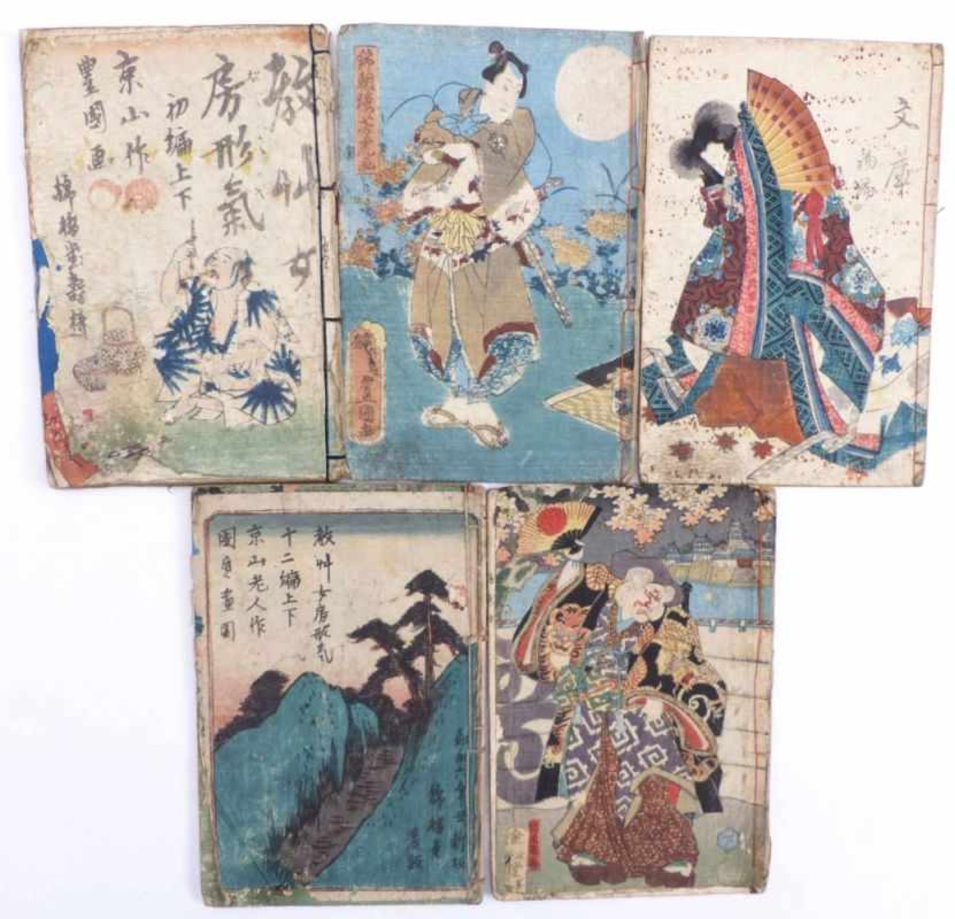 Five MangasJapan, 19th c.Different narratives. Unicoloured woodcuts, the titles coloured. Japanese