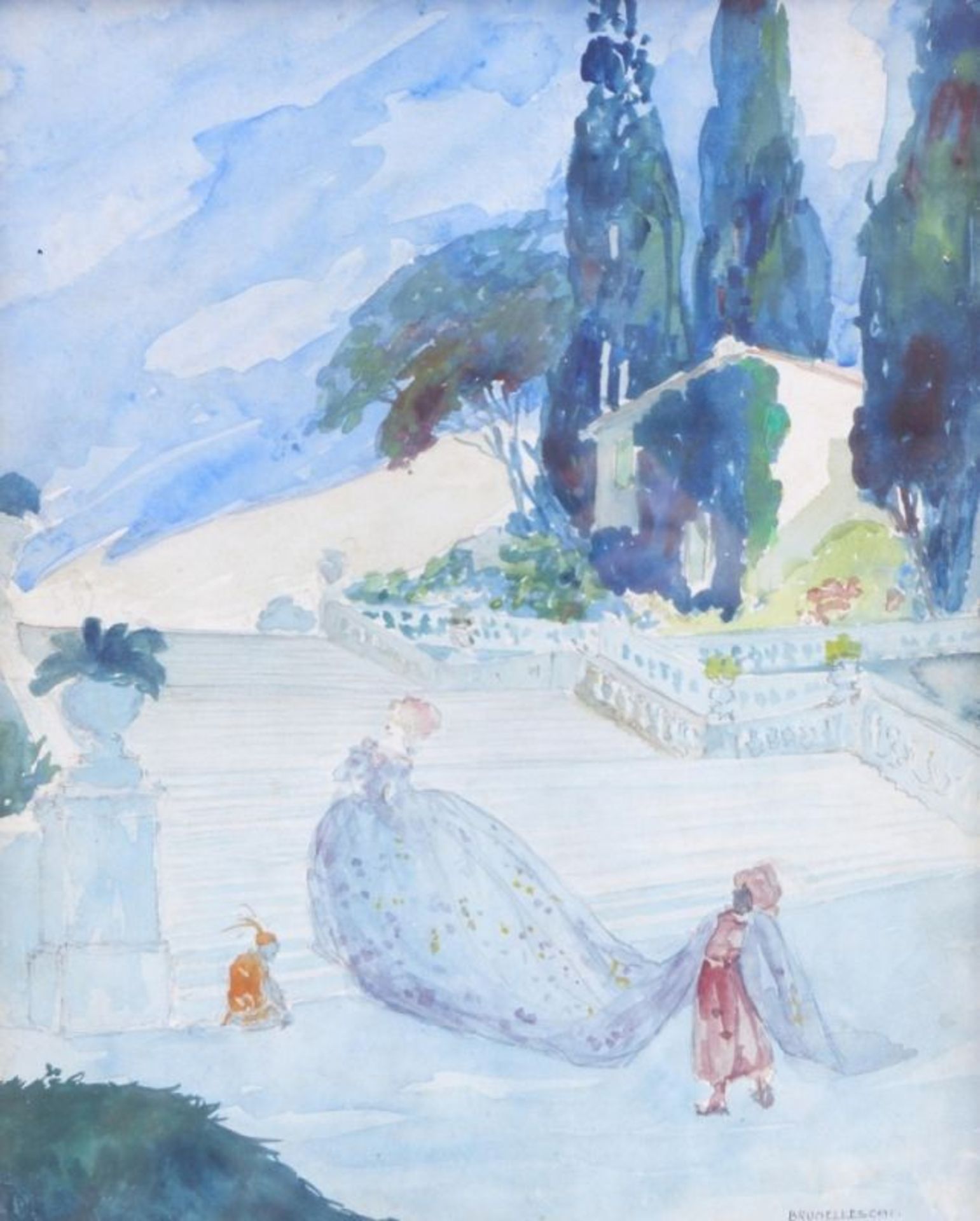 Brunelleschi, UmbertoLady in a ball gown on a large flight of steps(Montemurlo 1879-1949 Paris)