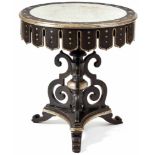 Small salon table19th c.Round plate decorated with hanging, stylized pelmet, on three-pass foot