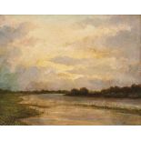 Pennazio, AugustoEvening at the river(Riva 1877-1900 Turin) Oil/cardboard. Signed and inscribed ''