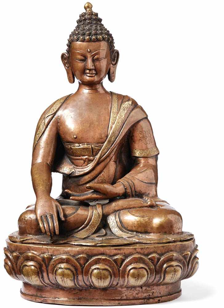 Sitting Gautama BuddhaNepal, 1880-1900Two parts; three-passed lotus base, on it Buddha in an