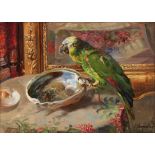 Langenbach, E.Parrot sitting on a table with bowlGerman painter of the early 20th century. Oil on