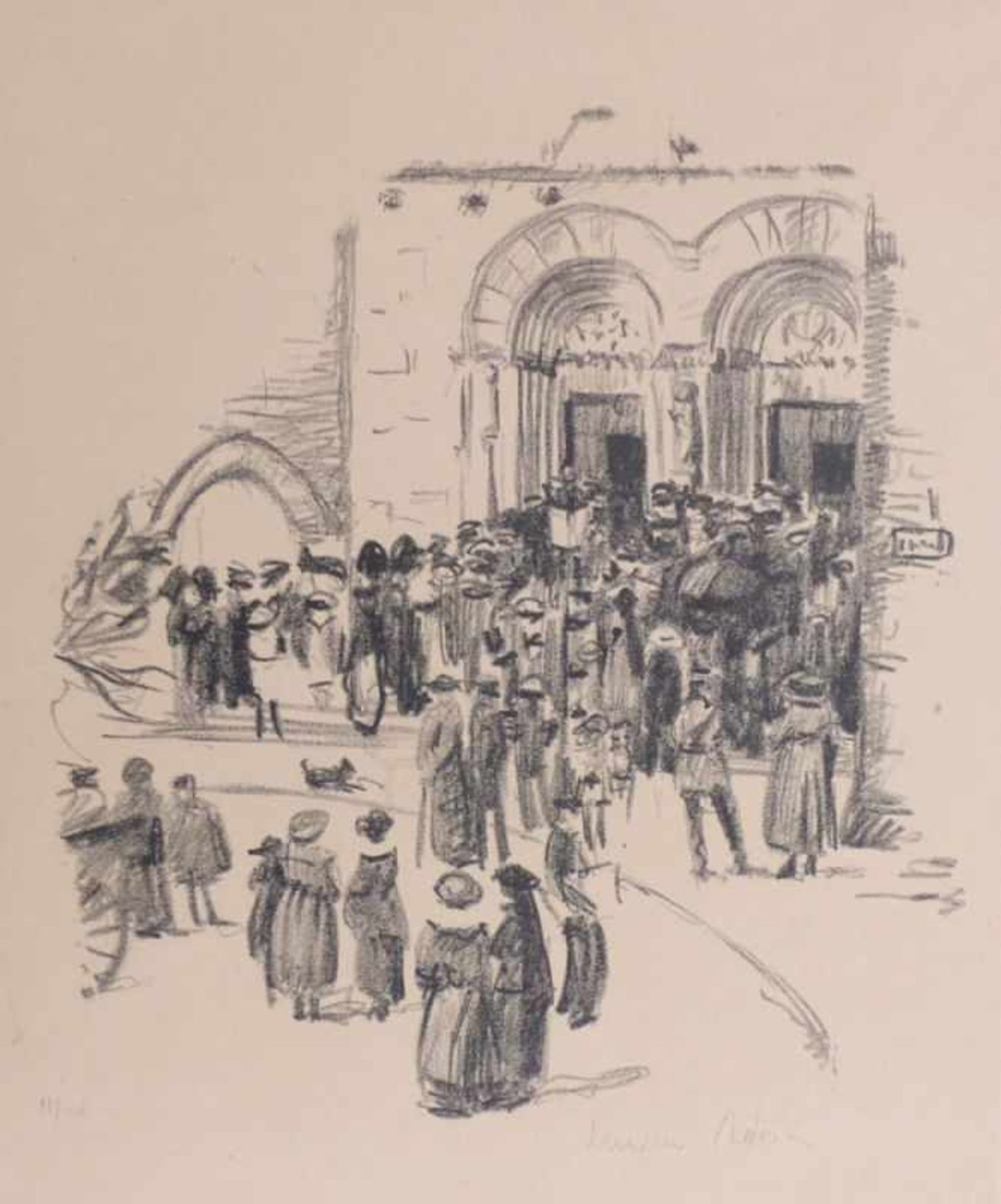 Adrion, LucienChurchgoer at the portal before the mass(Strasbourg 1889-1953 Paris) Lithograph. Lower