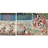 Utagawa Kunisada (Toyokuni III)Triptych with collecting shells at the beach of Akashi(Katsushika