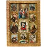 Elaborate monastery workItaly, 18th centuryTwelve rectangular and oval miniatures, in the centre Our