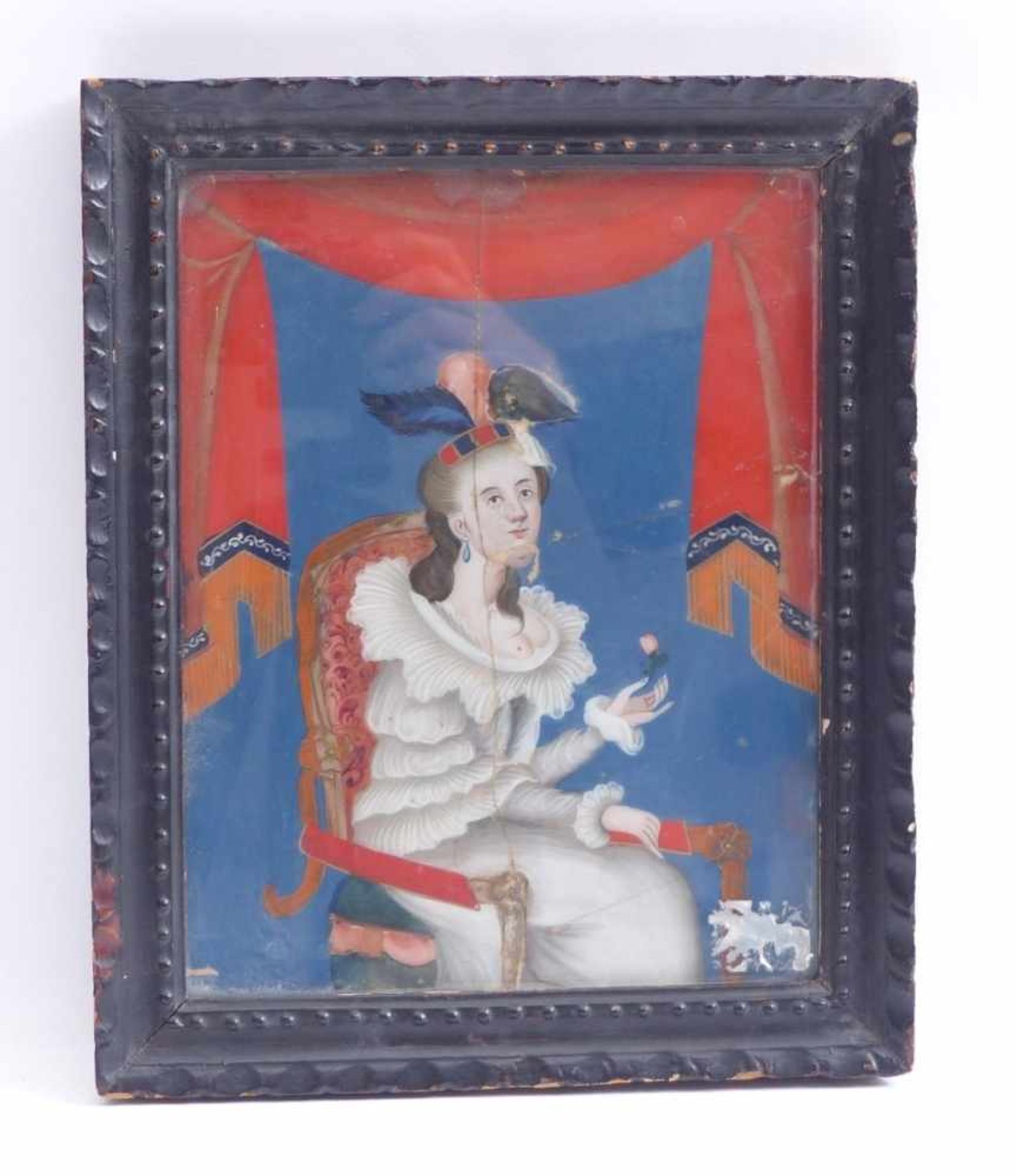 Reverse painting on glass19th centuryA high rectangular polychrome portrait of a seated lady in an - Bild 2 aus 2