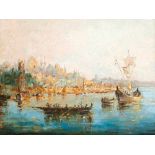 The busy harbour of Istanbul with a view of the Hagia SophiaImpressionist of the late 19th