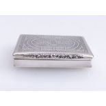 SnuffboxVienna, 1837Rectangular shape with flat hinged lid and arabesque decoration. Silver with