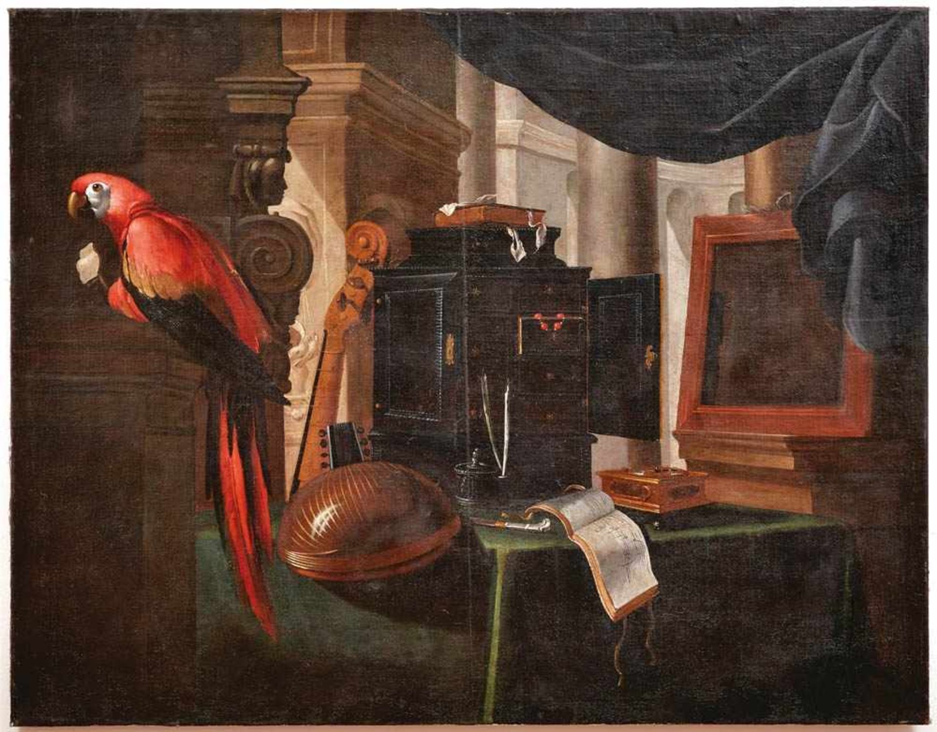 Baschenis, Evaristo or Bettera, Bartolomeo(Attrib.)Still Life with Cabinet and Parrot(Bergamo 1617-