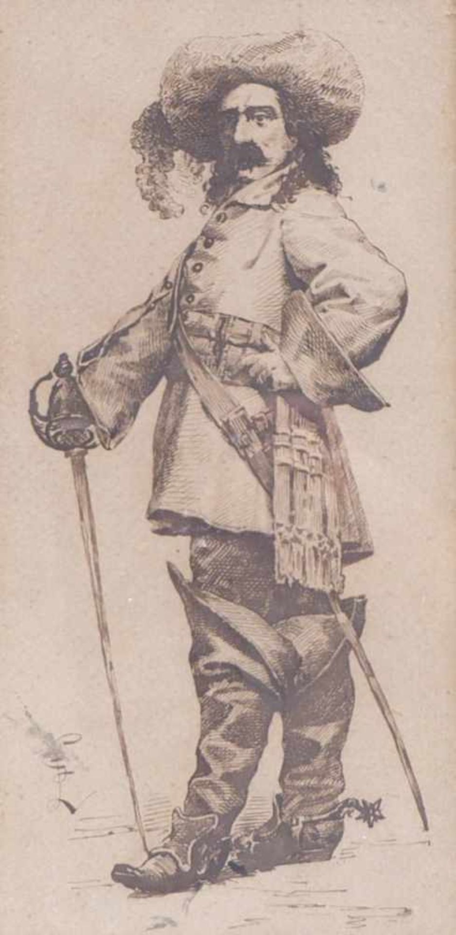 Musketeer19th centuryPen-and-ink drawing. On the left monogrammed ''GL'' (?). Visible size 21.5 x