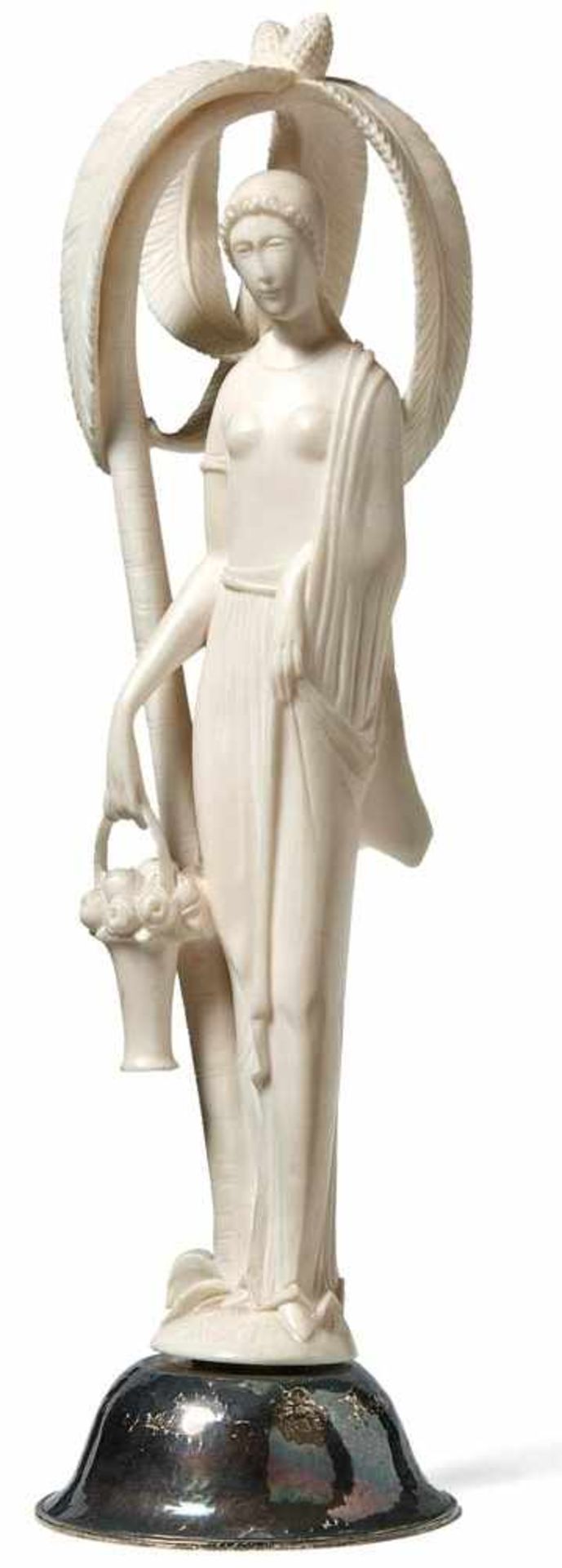 Ivory figureProbably Erbach, 1920sYoung woman standing under a palm tree with flower basket.