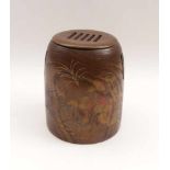 Covered holder for incense sticksJapan, Meiji PeriodWood (bamboo?), colored lacquer paint, copper