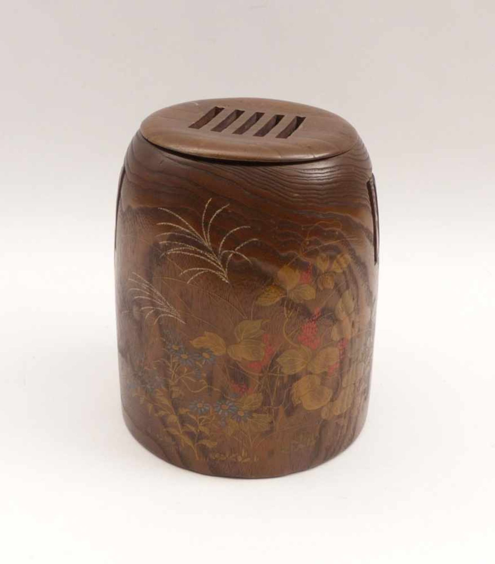 Covered holder for incense sticksJapan, Meiji PeriodWood (bamboo?), colored lacquer paint, copper