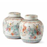 Pair of cover vases for ginger with ''famille rose'' decorationChina, late Qing Dynasty - 19th c.