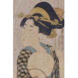 Kitagawa UtamaroGeisha with fan(Edo 1753-1806 ibid.) Colour woodcut; Meiji print. Signed on the