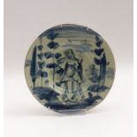 Pictorial plateSavona, around 1700White-ground glazed maiolica painted in blue, with blue emblem