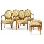 Four Louis XVI armchairs and two tabouretsFrance, end 18th c.On fluted round legs and frame with