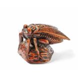 Netsuke: Cicada sitting on a nut shellJapan, 19th c.Corduroy holes (Himotoshi) in the half of the