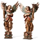 Pair of chandelier angelsTuscany, 17th centuryA fully plastic angel standing on a profiled