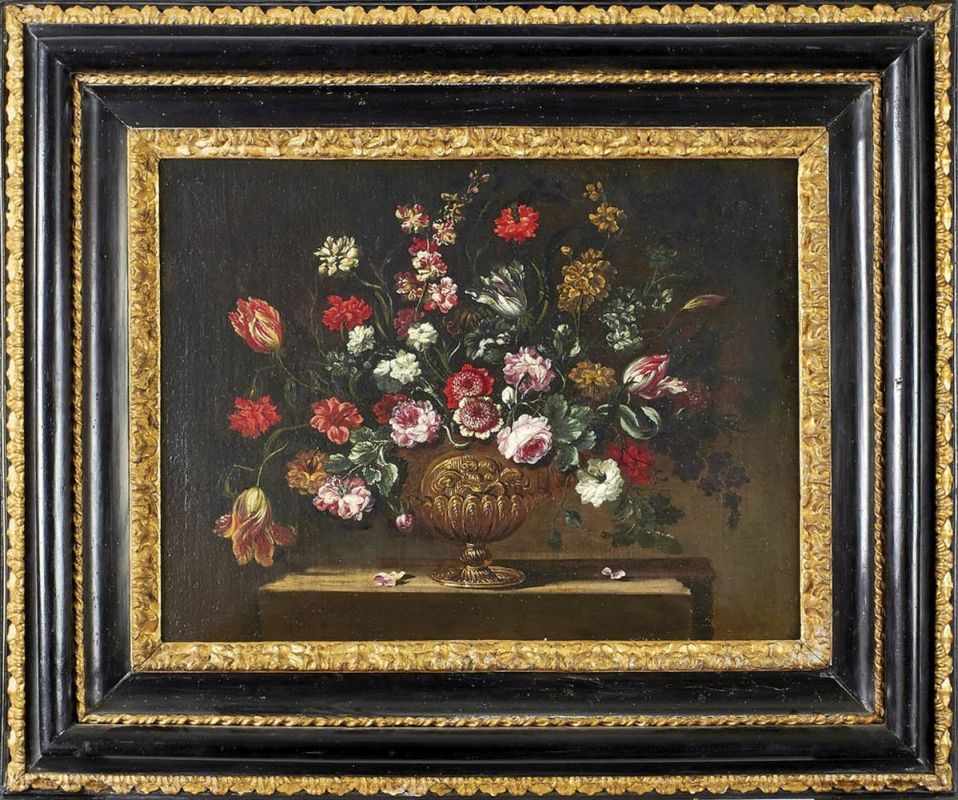 Pair of magnificent flower still lifesRoman school of the 17th centuryBouquets of roses, carnations, - Image 3 of 3