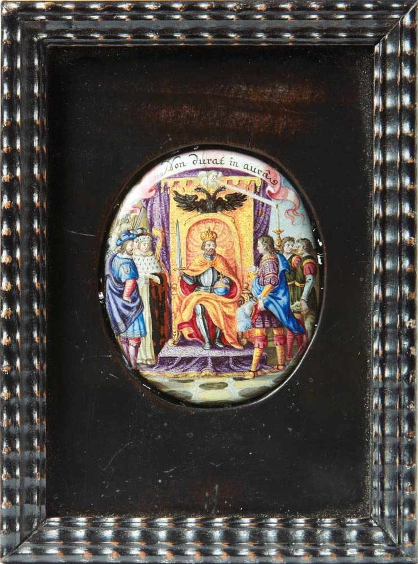 Enamel badgeVienna, 17th centuryOval picture detail with multi-figure representation of a throne
