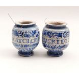 Two little albarelliLiguria, 18th cent.White glazed maiolica painted in blue. H. 11 cm. - Slightly