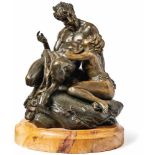 Faun with nymph19th centuryFaun with lion fur sitting on a natural pedestal above a round,