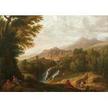 Southern landscape with mountain village, castle, waterfall and figuresRoman school, 1st half of the