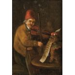 Unknown painter of the 19th centuryViolin player with dog as music sheet holderOil/wood. Lower