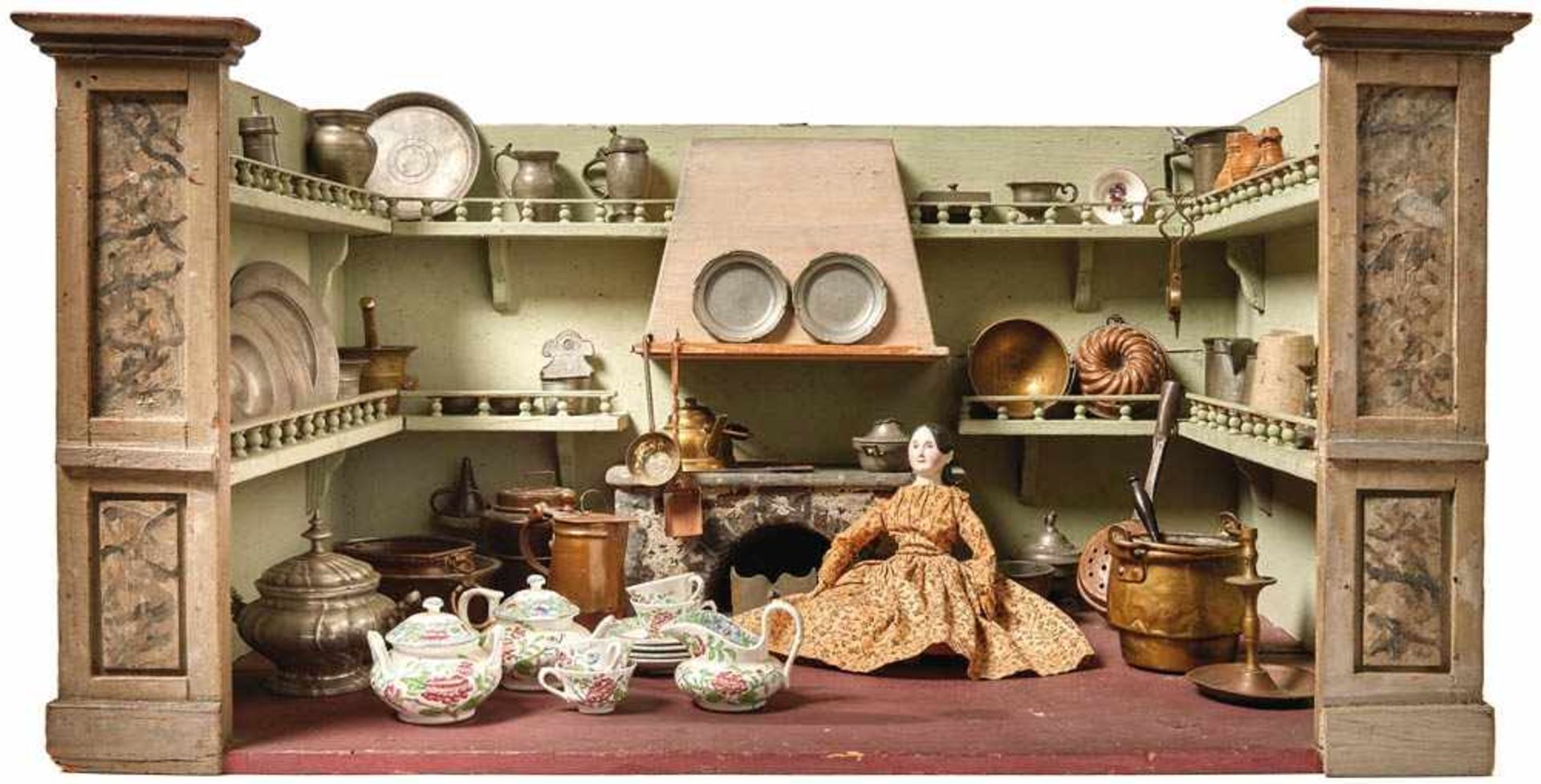 Rare doll's kitchen18th century and laterOn the back wall fireplace with cooking place, on three